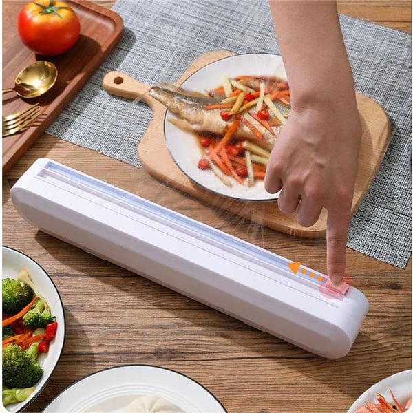 Dispenser og kutter for plastfolie