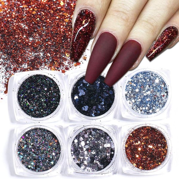 6 stk negleglitter glitter, Negledekorasjoner