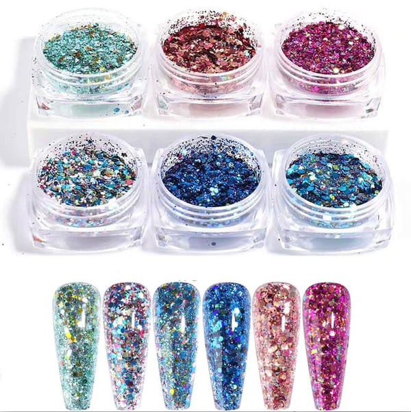 6 stk negle glitter glitter, Negle dekorationer