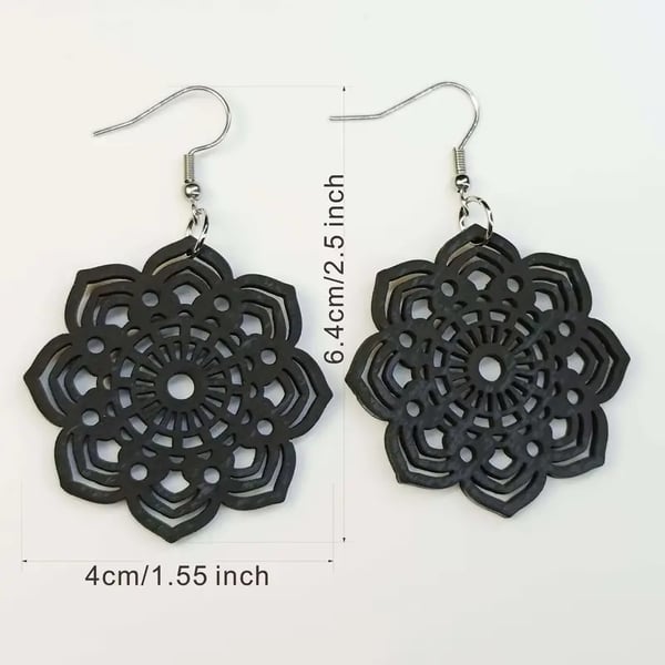 Örhängen Trä Blommor Mandala Bohemisk Svart XL