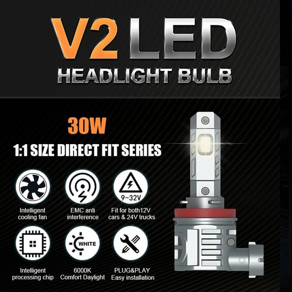 V2 H8 H9 H11 H16 30 W LED-sæt 3000 lumen 6000K med ventilator 2-pak