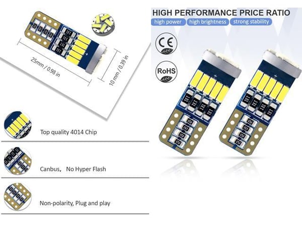 T10 w5w Canbus vihreä 2-pack LED-lamput, 15kpl 4014smd sirulla.