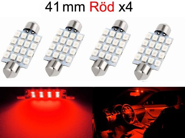 Diodlampa 41mm 42mm röd LED 2835SMD 4-pack C5W SV8.5