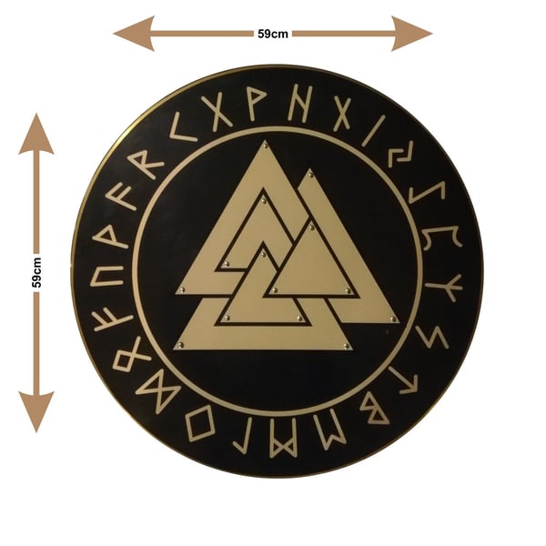 Puinen Viking Valknut -solmu Slain käsintehdystä suojasta SWE21