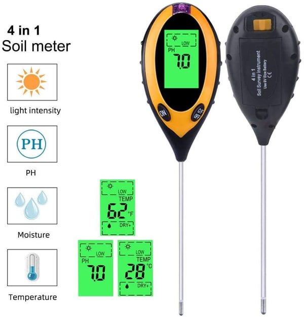4 i 1 Digital pH -måler for jord, fuktighet, lys, jordtemperatur