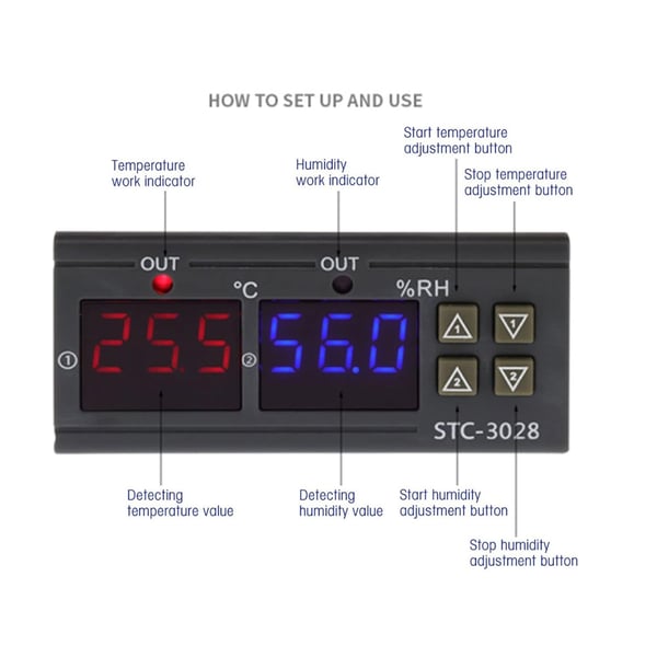 STC - 3028 temperatur- og fugtighedsregulator, PID-regulator 12V