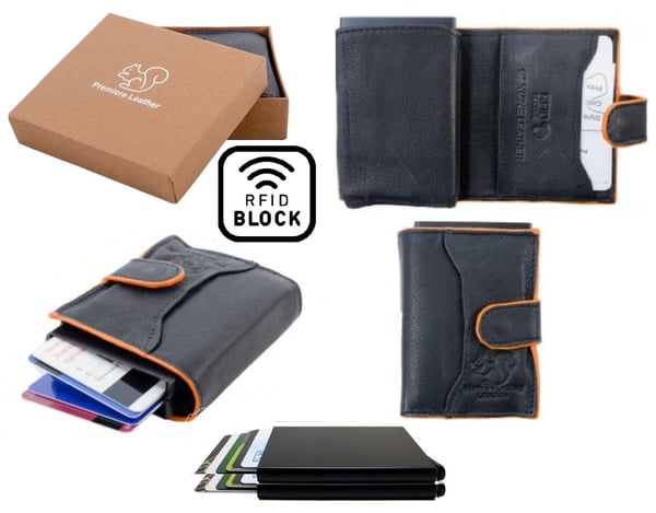 Ekte Lær Lommebok og 2 stk Smart Kortholder. 100% RFID Beskyttelse. SVART+ORANSJE
