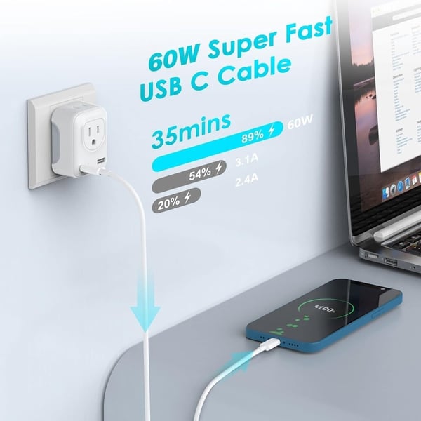 2 x 60W Hurtigladekabel USB-C - USB-C F iPhone 15 /16 Samsung mm
