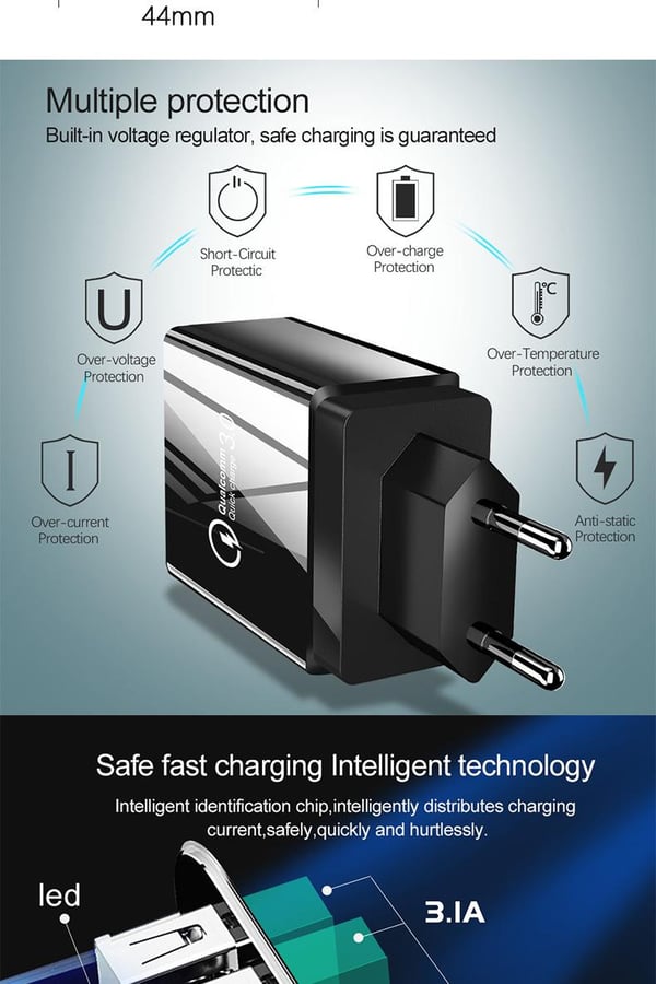 Fast charging 4.8A wall charger with 3 Port charging