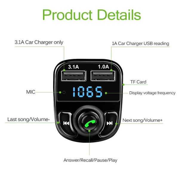 FM Transmitter with Bluetooth Handsfree 4 in 1 Black