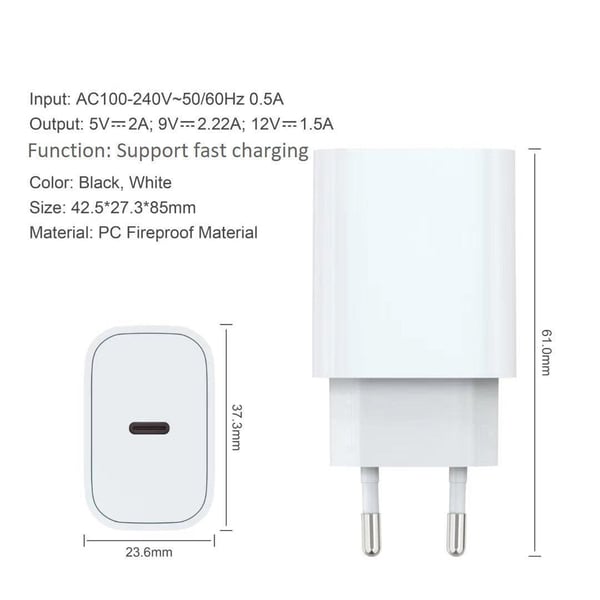 iPhone charger for Apple 12 Pro Max USB-C power adapter 20W PD With 1m Cable