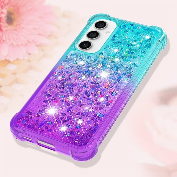 SKALO Samsung S23 FE Kvicksand Glitter Hjerter TPU Cover - Turkis-Lilla