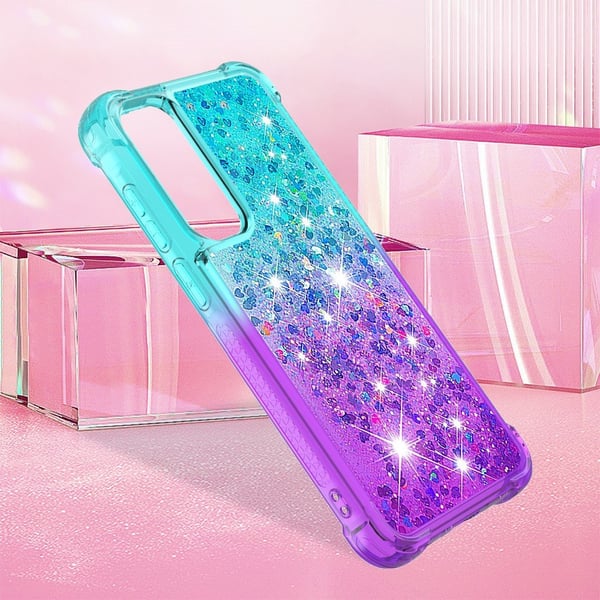 SKALO Samsung A55 5G Kvicksand Glitter Hjerter TPU Cover - Turkis-Lilla