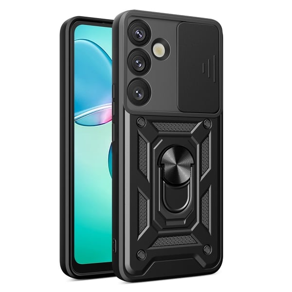 SKALO Samsung S25 Armor Metallring Kameraslider Cover - Sort