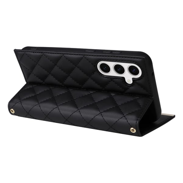 SKALO Samsung S25 Quiltet skulderrem med guldkant Flip Cover - Sort
