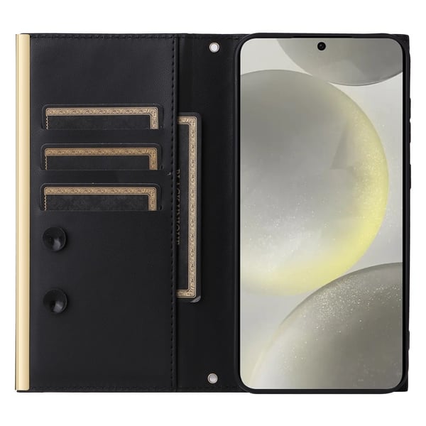 SKALO Samsung S25 Quiltet skulderrem med guldkant Flip Cover - Sort
