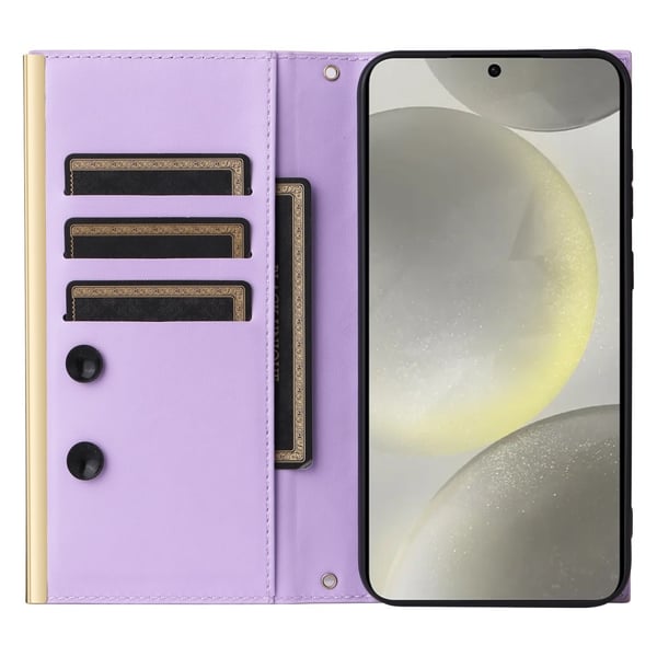 SKALO Samsung S25 Quiltet skulderrem med guldkant Flip Cover - Lilla