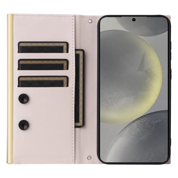 SKALO Samsung S25+ Quiltet skulderrem med guldkant Flip Cover - Beige