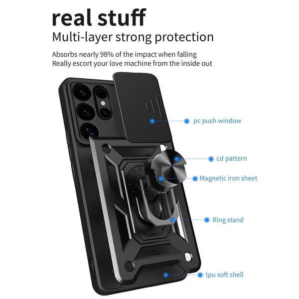 SKALO Samsung S25 Ultra Armor Metallring Kameraslider Cover - Sort