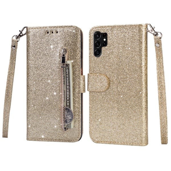 SKALO Samsung S25 Ultra Glitter Lynlås Flip Cover - Guld