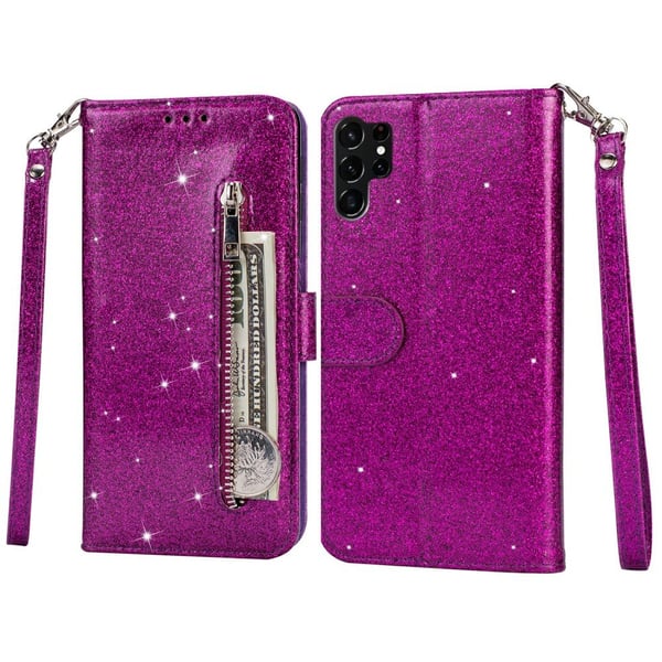 SKALO Samsung S25 Ultra Glitter Lynlås Flip Cover - Lilla