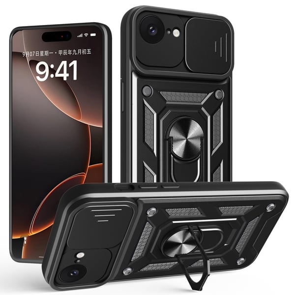 SKALO iPhone 16e Armor Metallring Kameraslider Cover - Sort