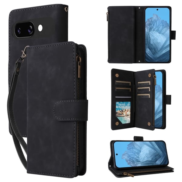 SKALO Google Pixel 9a Zipper PU-Läder Plånboksfodral - Svart SKALO Google Pixel 9a Zipper PU-Läder Plånboksfodral - Svart