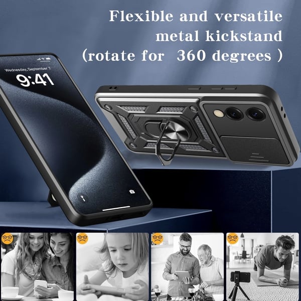 SKALO Samsung S25 Edge Armor Metallring Kameraslider Cover - Sort