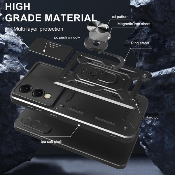 SKALO Samsung S25 Edge Armor Metallring Kameraslider Cover - Sort