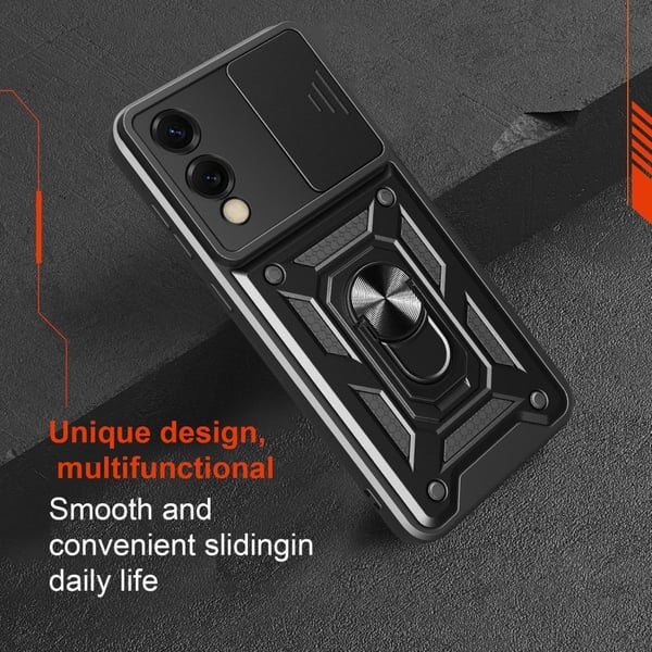 SKALO Samsung S25 Edge Armor Metallring Kameraslider Cover - Sort