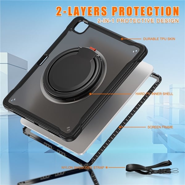 SKALO iPad Pro 12.9 (Gen 4/5/6) Ekstra Stødsikkert Armor Ring med Skulderrem Cover - Sort
