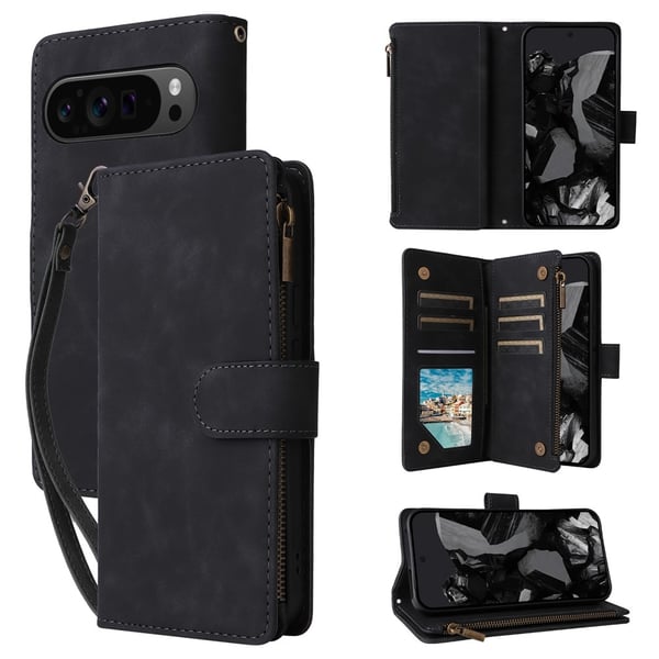 SKALO Google Pixel 10 Pro XL Zipper PU-læder Flip Cover - Sort
