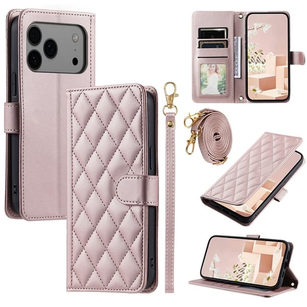 SKALO iPhone 17 Pro Quiltet Skulderrem Flip Cover - Rosa guld