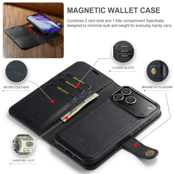 DG MING iPhone 17 Pro Max 2-in-1 Magneetti Lompakkokotelo - Musta