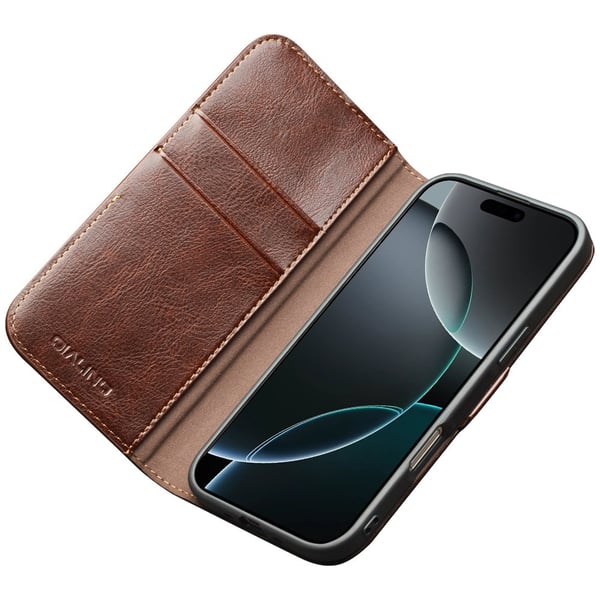 SKALO iPhone 17 Pro Max QIALINO Ægte Læder Flip Cover - Brun