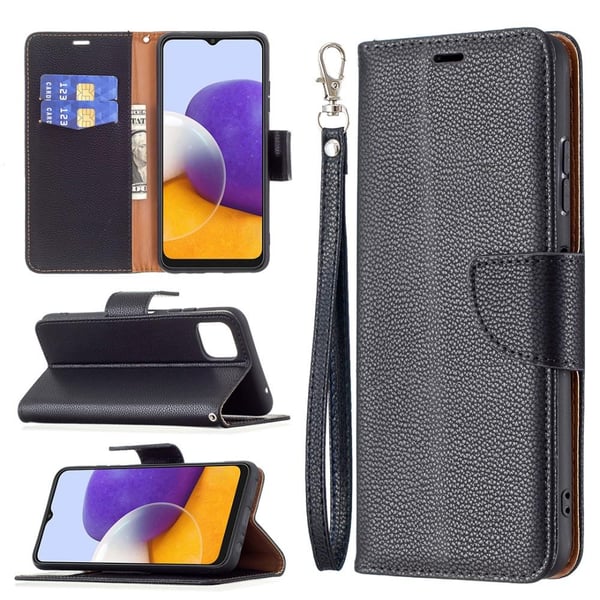SKALO Samsung A22 5G Premium Litchi Flip Cover - Sort SKALO Samsung A22 5G Premium Litchi Flip Cover - Sort