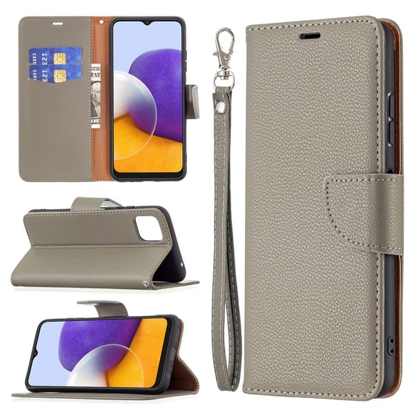 SKALO Samsung A22 5G Premium Litchi Flip Cover - Grå SKALO Samsung A22 5G Premium Litchi Flip Cover - Grå