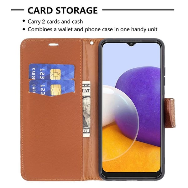 SKALO Samsung A22 5G Premium Litchi Flip Cover - Brun