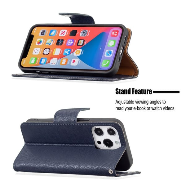 SKALO iPhone 13 Pro Premium Litchi Flip Cover - Mørkeblå