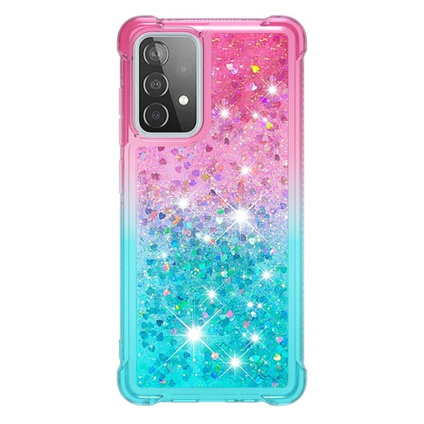 SKALO Samsung A52/A52s Kvicksand Glitter Hjerter TPU Cover - Pink-Turkis