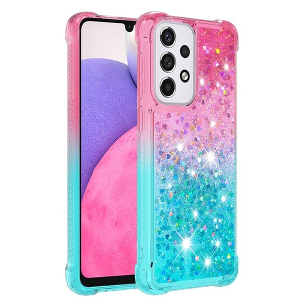 SKALO Samsung A33 5G Kvicksand Glitter Hjerter TPU Cover - Pink-Turkis