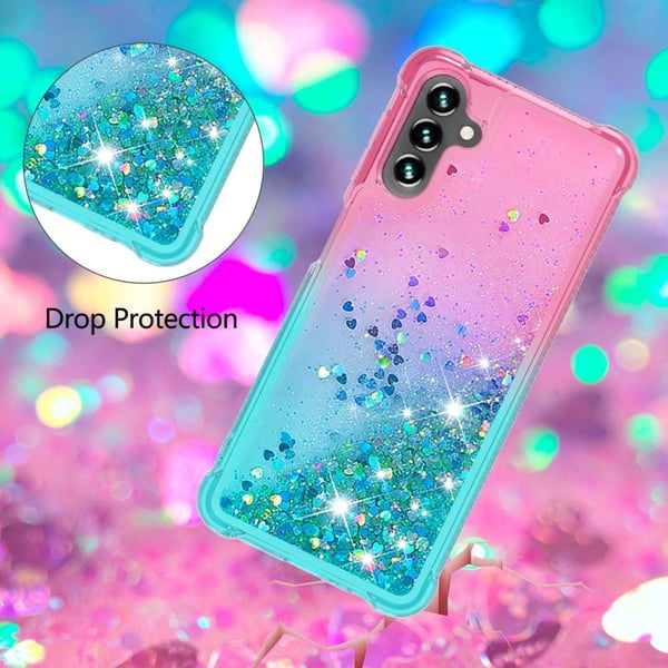 SKALO Samsung A04s 4G Kvicksand Glitter Hjerter TPU Cover - Pink-Turkis