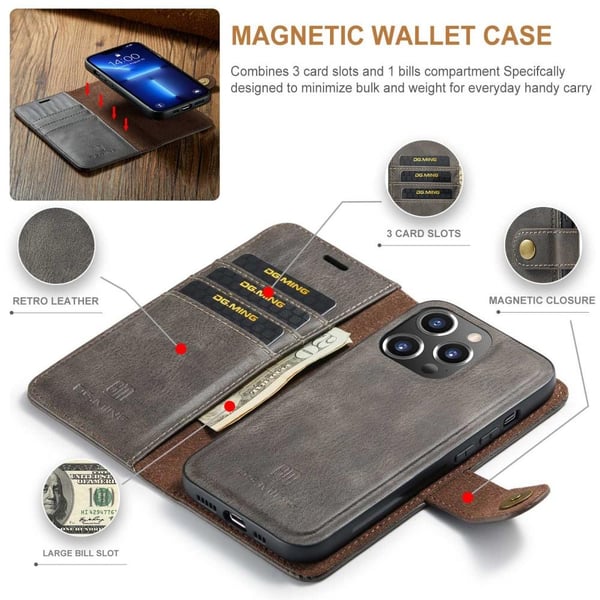 DG MING iPhone 14 Pro 2-i-1 Magnet Pungetui - Grå