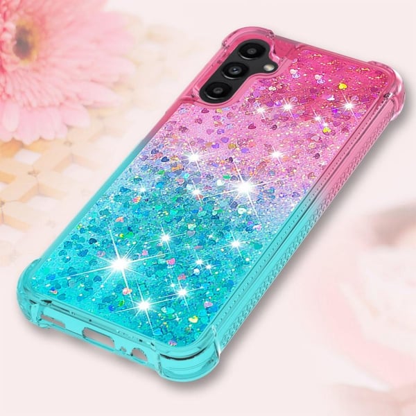 SKALO Samsung A14 5G Kvicksand Glitter Hjerter TPU Cover - Pink-Turkis