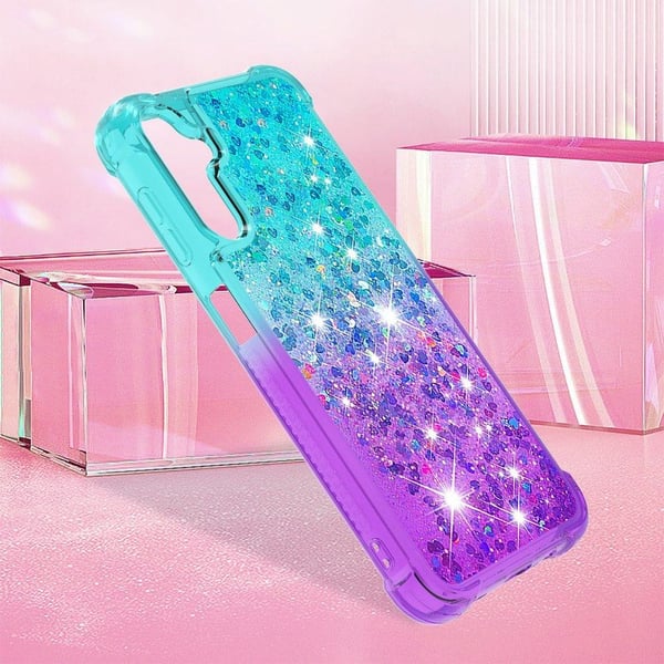 SKALO Samsung A14 5G Kvicksand Glitter Hjerter TPU Cover - Turkis-Lilla