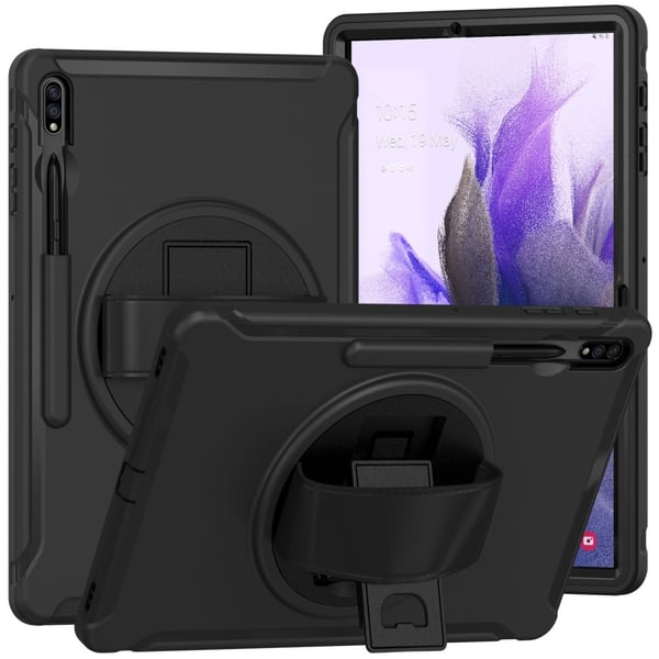 SKALO Samsung Tab S7 FE Extra Shockproof Armor 360 Kahva/Tripod Suojakuori - Musta