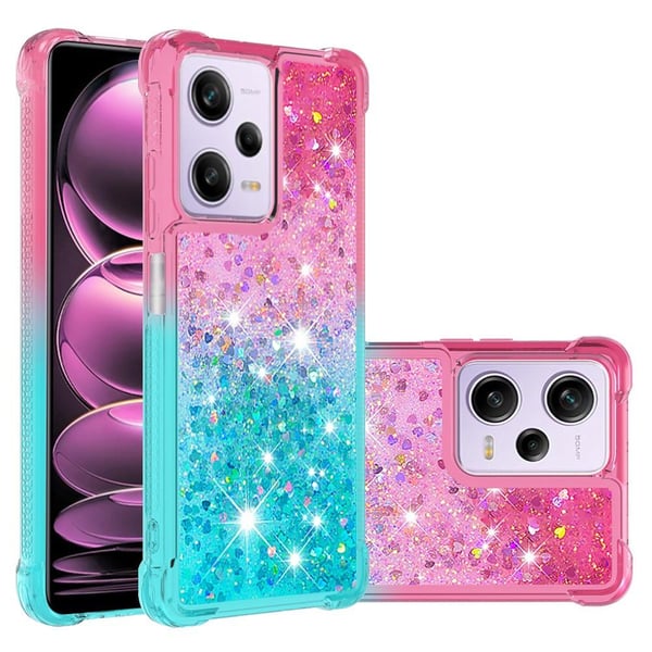 SKALO Xiaomi Redmi Note 12 Pro 5G Kvicksand Glitter Hjerter TPU Cover - Pink-Turkis