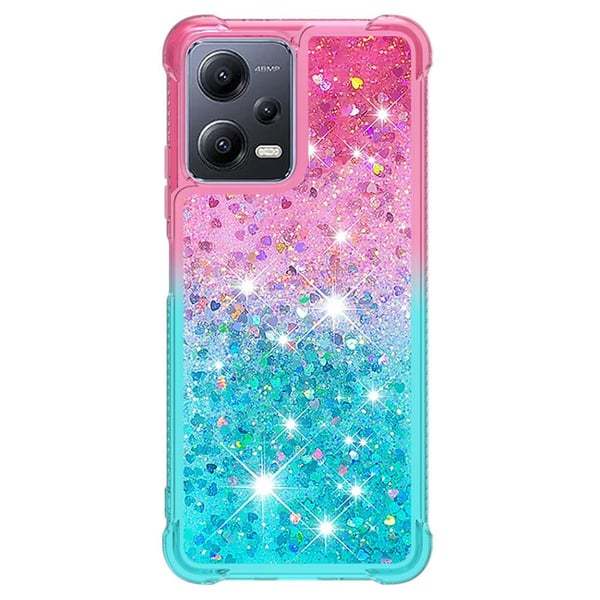 SKALO Xiaomi Redmi Note 12 5G Kvicksand Glitter Hjerter TPU Cover - Pink-Turkis