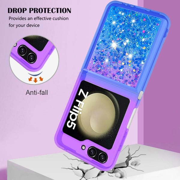 SKALO Samsung Z Flip5 Kvicksand Glitter Hjerter TPU Cover - Lilla-Blå