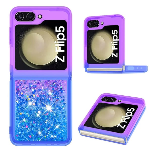 SKALO Samsung Z Flip5 Kvicksand Glitter Hjerter TPU Cover - Lilla-Blå